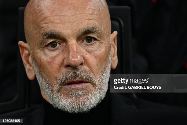 Milan's Italian coach Stefano Pioli looks on prior to the Italian Serie A football match between AC Milan and Empoli FC at the San Siro Stadium in...