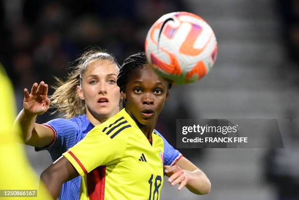 Colombia's midfielder Linda Caicedo eyes the ball during the women's international friendly football match between France and Colombia at Stade...