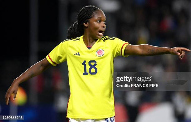 Colombia's midfielder Linda Caicedo reacts during the women's international friendly football match between France and Colombia at Stade Gabriel...