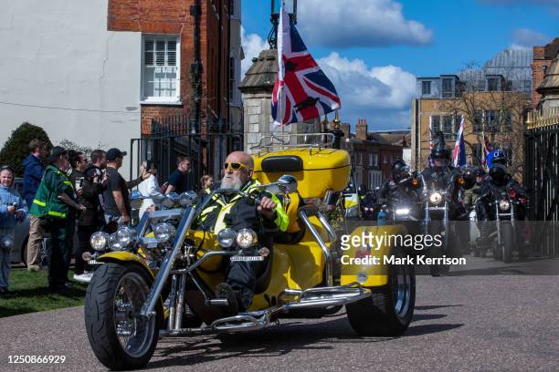 British armed forces veterans and civilian supporters from Rolling Thunder UK arrive on the Long Walk outside Windsor Castle on motorcycles to lay a...