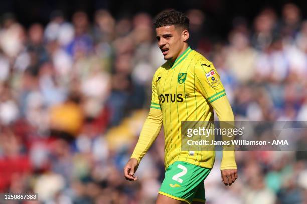 Max Aarons of Norwich City during the Sky Bet Championship between Blackburn Rovers and Norwich City at Ewood Park on April 7, 2023 in Blackburn,...