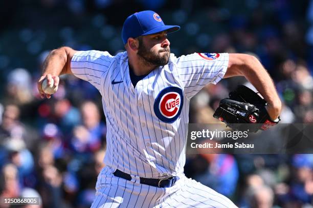 Michael Fulmer of the Chicago Cubs pitches in the eighth inning against the Texas Rangers at Wrigley Field on April 07, 2023 in Chicago, Illinois....