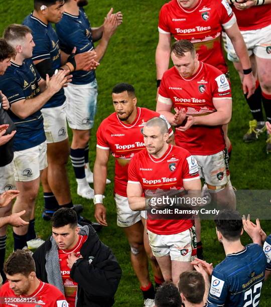 Dublin , Ireland - 7 April 2023; Mike Brown and Anthony Watson of Leicester Tigers after their side's defeat in the Heineken Champions Cup...