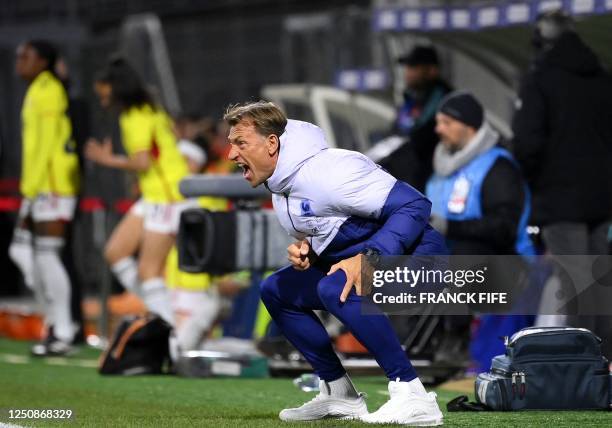 France's head coach Herve Renard reacts during the women's international friendly football match between France and Colombia at Stade Gabriel...