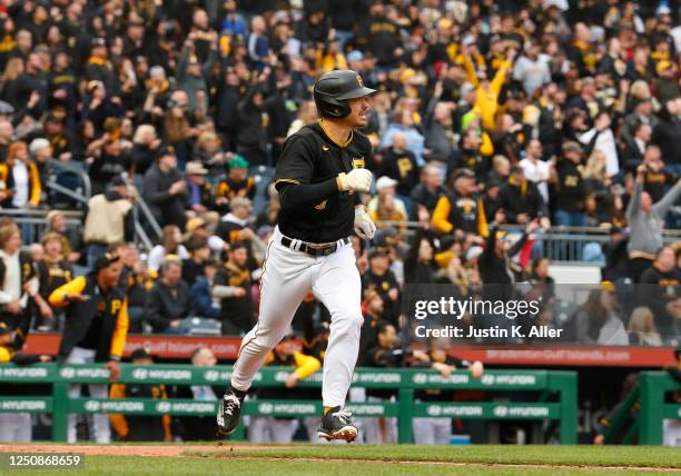 Bryan Reynolds of the Pittsburgh Pirates hits a three run home run in the fourth inning against the Chicago White Sox during inter-league play on...