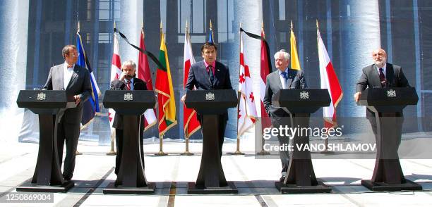 Georgian President Mikheil Saakashvili , flanked by the presidents of Estonia Toomas Hendrik Ilves , Poland Lech Kaczynski , Lithuania Valdas Adamkus...