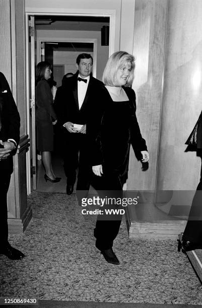 Guest, John Ashcroft, and Mary Elizabeth "Tipper" Gore attend the ABC News Reception before the 1995 Washington Press Club Foundation Dinner on...