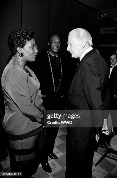 David Brinkley and guests attend the ABC News Reception before the 1995 Washington Press Club Foundation Dinner on January 25, 1995 in Washington,...