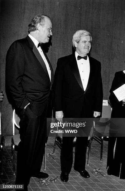 Fred Dalton Thompson and Newt Gingrich attend the ABC News Reception before the 1995 Washington Press Club Foundation Dinner on January 25, 1995 in...