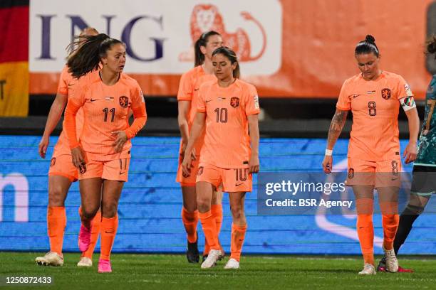 Lieke Martens of the Netherlands, Danielle van de Donk of the Netherlands, Sherida Spitse of the Netherlands looks dejected after conceding his sides...