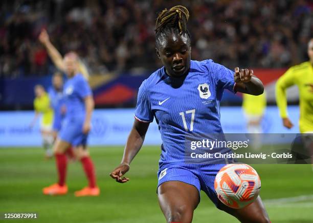 Sandy Baltimore of France in action during an International Womens Friendly soccer match between France and Colombia at Stade Gabriel Montpied in...