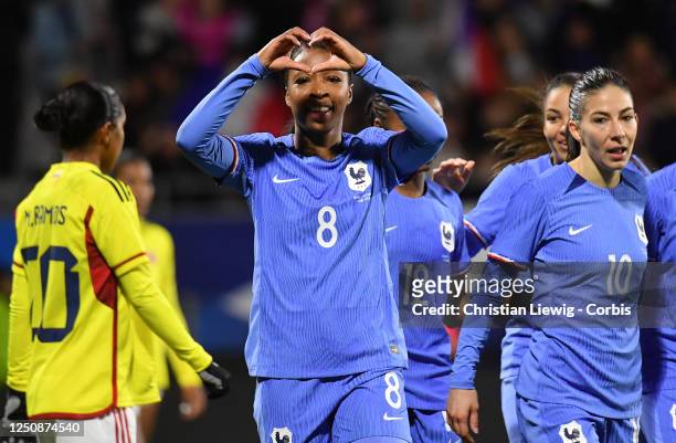 Grace Geeyoro of France in action during an International Womens Friendly soccer match between France and Colombia at Stade Gabriel Montpied in...
