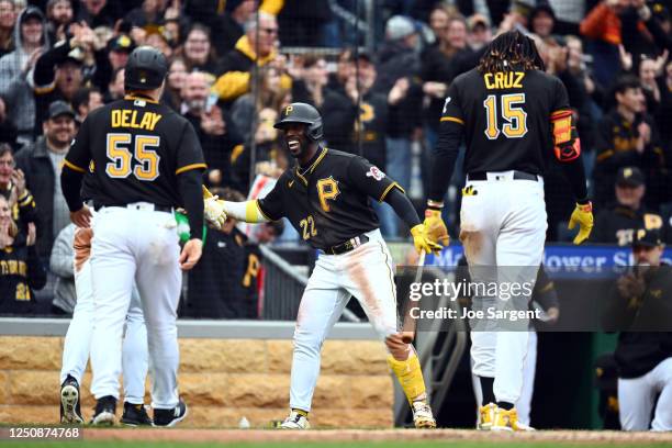 Andrew McCutchen of the Pittsburgh Pirates congratulates teammates in the fifth inning during the game between the Chicago White Sox and the...