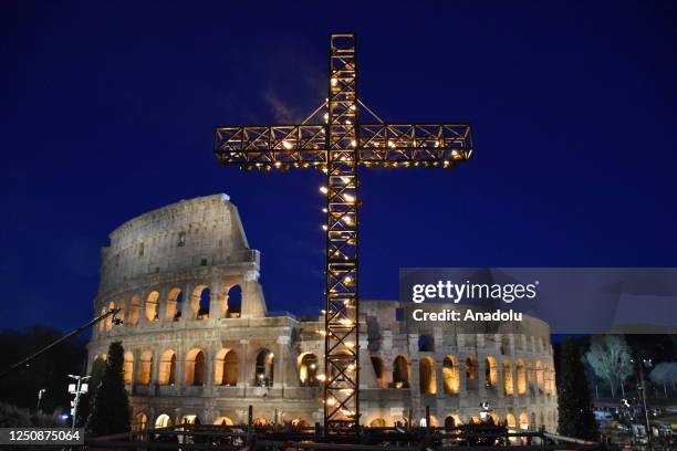 General view of the Colosseum during the Via Crucis procession of Good Friday, in Rome, Italy on April 07, 2023.