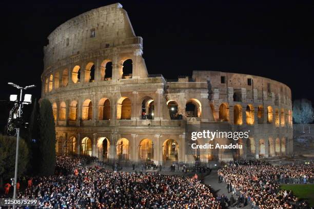 General view of the Colosseum during the Via Crucis procession of Good Friday, in Rome, Italy on April 07, 2023.