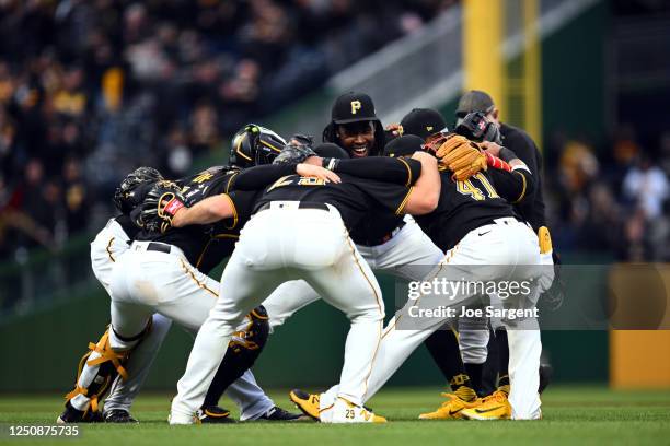 Oneil Cruz of the Pittsburgh Pirates celebrates with teammates after the Pirates beat the White Sox, 13-9, in the game between the Chicago White Sox...
