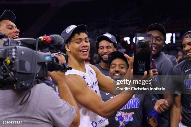 Jaden Springer of the Delaware Blue Coats celebrates on court after winning the G League Finals MVP during Game 2 of the 2022-2023 G League Finals...