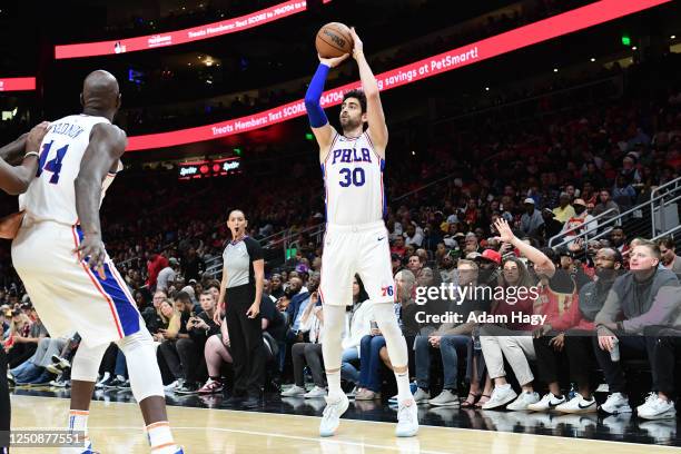 Furkan Korkmaz of the Philadelphia 76ers shoots the ball during the game against the Atlanta Hawks on April 7, 2023 at State Farm Arena in Atlanta,...