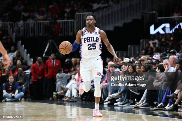Danuel House Jr. #25 of the Philadelphia 76ers dribbles the ball during the game against the Atlanta Hawks on April 7, 2023 at State Farm Arena in...