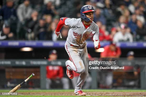 Abrams of the Washington Nationals runs after hitting a fifth inning RBI triple against the Colorado Rockies in a game at Coors Field on April 7,...