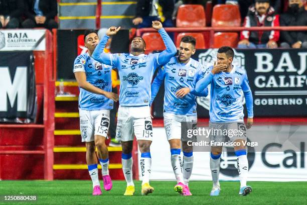 Jose Raul Zuñiga of Queretaro celebrates after scoring the team's first goal during the 14th round match between Tijuana and Queretaro as part of the...