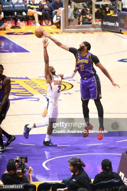 Anthony Davis of the Los Angeles Lakers blocks the shot during the game against the Phoenix Suns on April 7, 2023 at Crypto.Com Arena in Los Angeles,...