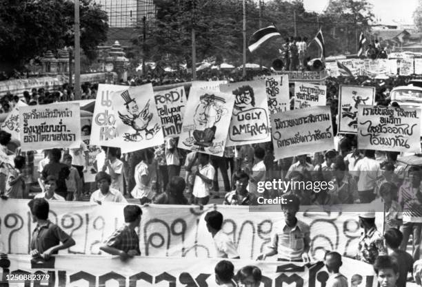 Picture released on May 17, 1975 in a street of Bangkok of thousands people, mostly students, demonstrating against the American governement's policy...