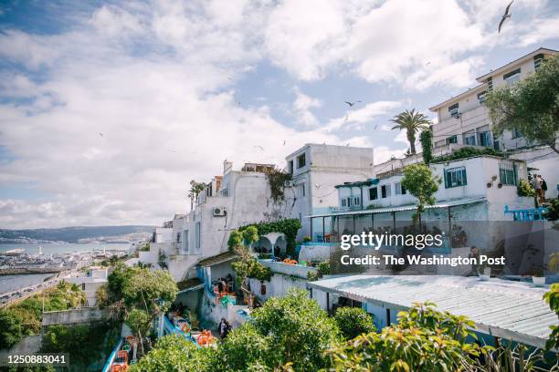 The view outside Cafe Hafa overlooking the Strait of Gibraltar in Tangier, Morocco.