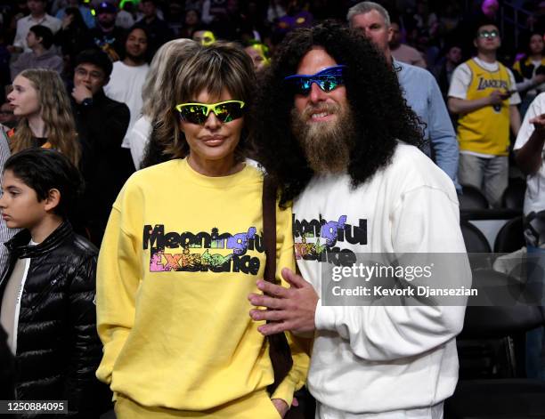 Lisa Rinna and Jonah Hill attend the game between the Los Angeles Lakers and the Phoenix Suns at Crypto.com Arena on April 7, 2023 in Los Angeles,...