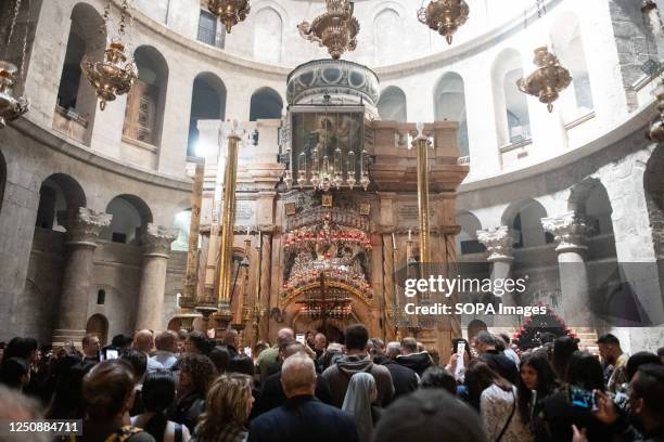 Christians in Jerusalem gather at the supposed tomb of Jesus Christ in the Church of The Holy Sepulchre at the end of the Via Dolorosa, the...