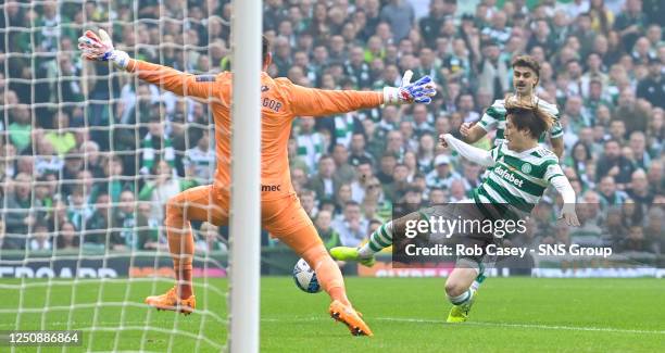 Celtic's Kyogo Furuhashi puts the ball in the net but the goal is ruled out for offside during a cinch Premiership match between Celtic and Rangers...