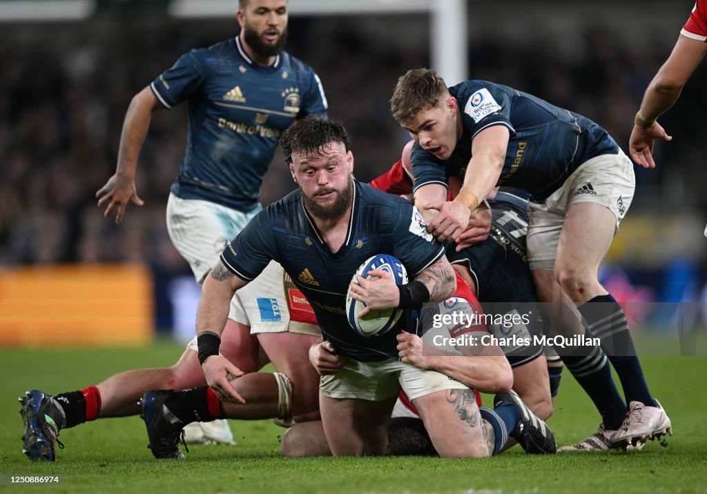 Leiscter Rugby Andrew Porter of Leinster is tackled by Tommy Reffell of Leicester ...