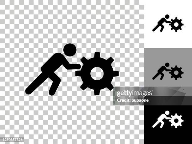 stockillustraties, clipart, cartoons en iconen met stick figuur duwen gear pictogram op dambord transparante achtergrond - duwen