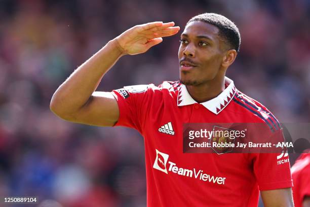 Anthony Martial of Manchester United celebrates after scoring a goal to make it 2-0 during the Premier League match between Manchester United and...