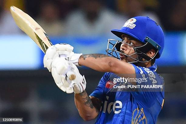 Mumbai Indians' Ishan Kishan plays a shot during the Indian Premier League Twenty20 cricket match between Mumbai Indians and Chennai Super Kings at...