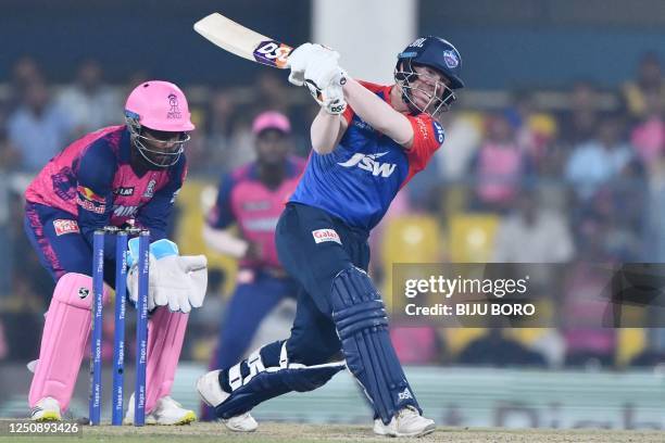 Delhi Capitals' captain David Warner plays a shot during the Indian Premier League Twenty20 cricket match between Rajasthan Royals and Delhi Capitals...