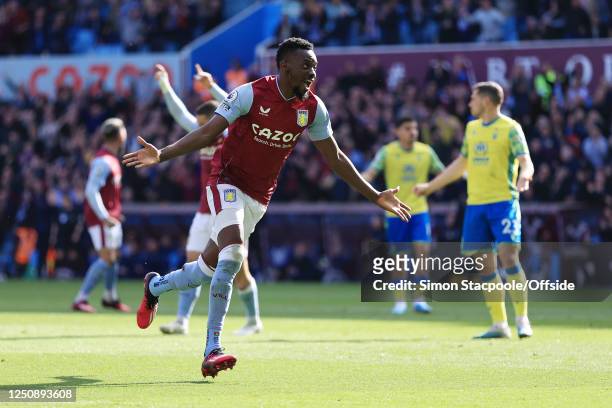 Bertrand Traore of Aston Villa celebrates after scoring their 1st goal during the Premier League match between Aston Villa and Nottingham Forest at...