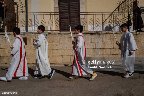 Children in typical dresses in procession in Canosa di Puglia, April 8, 2023. In Canosa di Puglia, Holy Saturday ends with the procession of the...