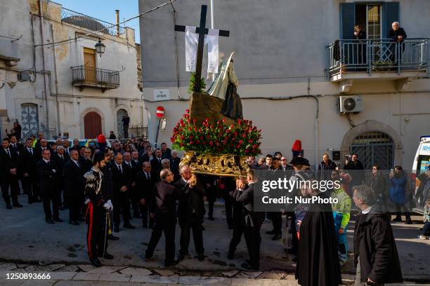 The statue of Our Lady Desolate in procession in Canosa di Puglia, April 8, 2023. In Canosa di Puglia, Holy Saturday ends with the procession of the...