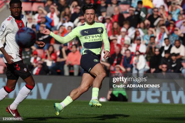 Manchester City's English midfielder Jack Grealish sees this shot saved during the English Premier League football match between Southampton and...