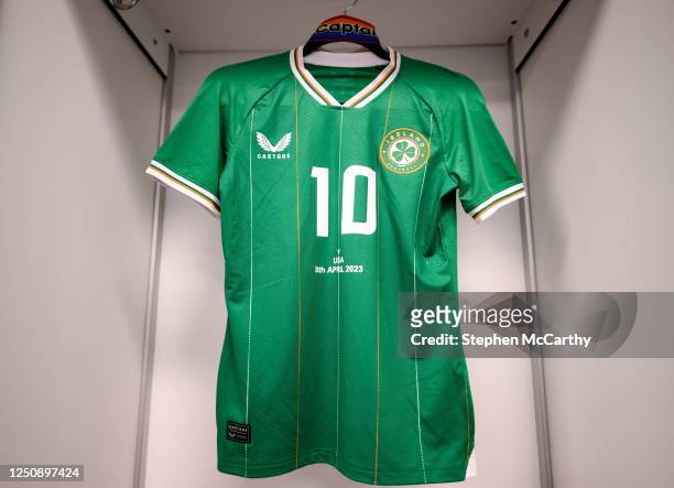 Texas , United States - 8 April 2023; The jersey of Republic of Ireland captain Denise O'Sullivan hangs in the dressing room before the women's...