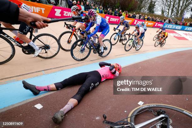 Education-TIBCO-SVB team's Canadian rider Alison Jackson celebrates her victory after winning the third edition of the Paris-Roubaix one-day classic...