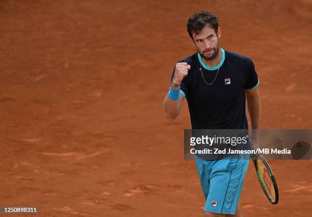Quentin Halys of France reacts against Casper Ruud of Norway in the semi final match during the Millennium Estoril Open ATP 250 tennis tournament at...