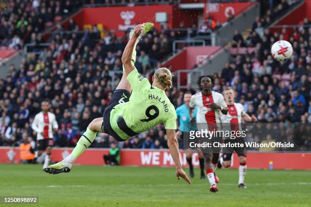 Erling Haaland of Manchester City scores their 3rd goal with an overhead kick during the Premier League match between Southampton FC and Manchester...