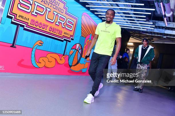 Devonte' Graham of the San Antonio Spurs arrives to the arena before the game against the Minnesota Timberwolves on April 8, 2023 at the AT&T Center...