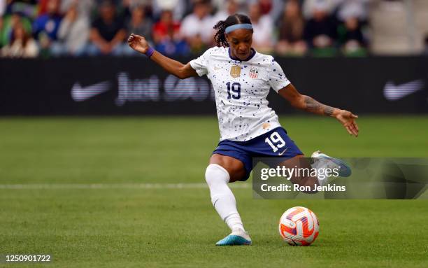 Crystal Dunn of the United States passes the ball during the first half against the Republic of Ireland in a 2023 International Friendly match at Q2...