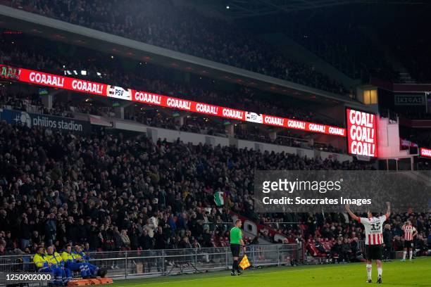 Erick Gutierrez of PSV celebrates 4-0 during the Dutch Eredivisie match between PSV v Excelsior at the Philips Stadium on April 8, 2023 in Eindhoven...