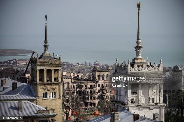 Photograph shows a general view of the Russian-occupied Azov Sea port city of Mariupol in southeastern Ukraine on April 8, 2023.