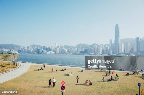 west kowloon cultural district waterfront - kowloon stock-fotos und bilder