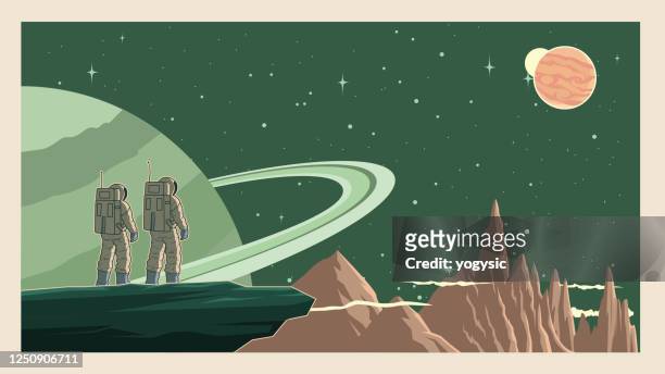 ilustrações de stock, clip art, desenhos animados e ícones de vector retro astronaut in space stock illustration - roupa de astronauta